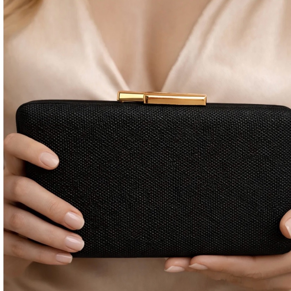 Classic Black Textured Evening Clutch with Gold Accent